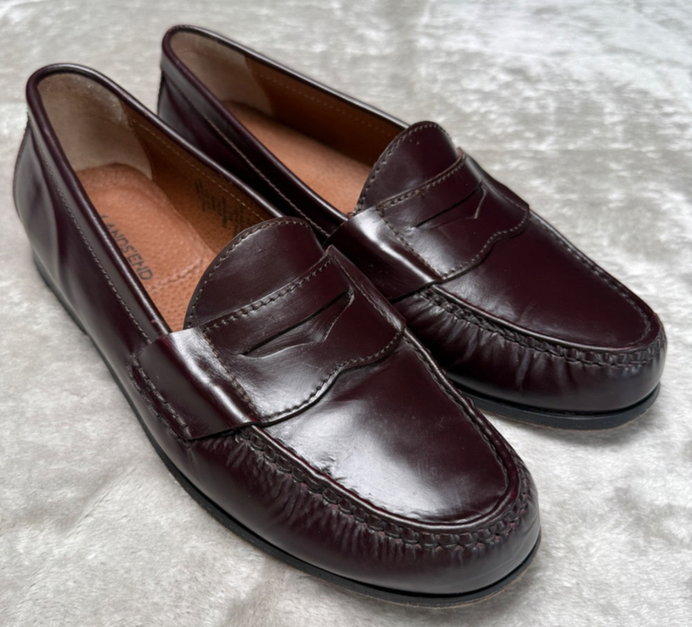 Lands End Classic Burgundy Leather Penny Loafers Slip on Shoes Mens Size 10.5